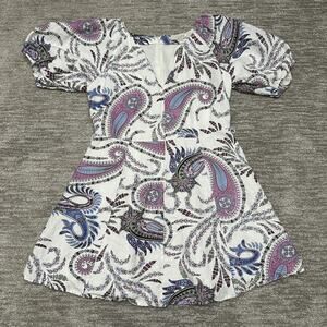 LOFT Dress Womens 6 Multicolor Paisley Puff Sleeve Fit Flare Linen Boho Mini